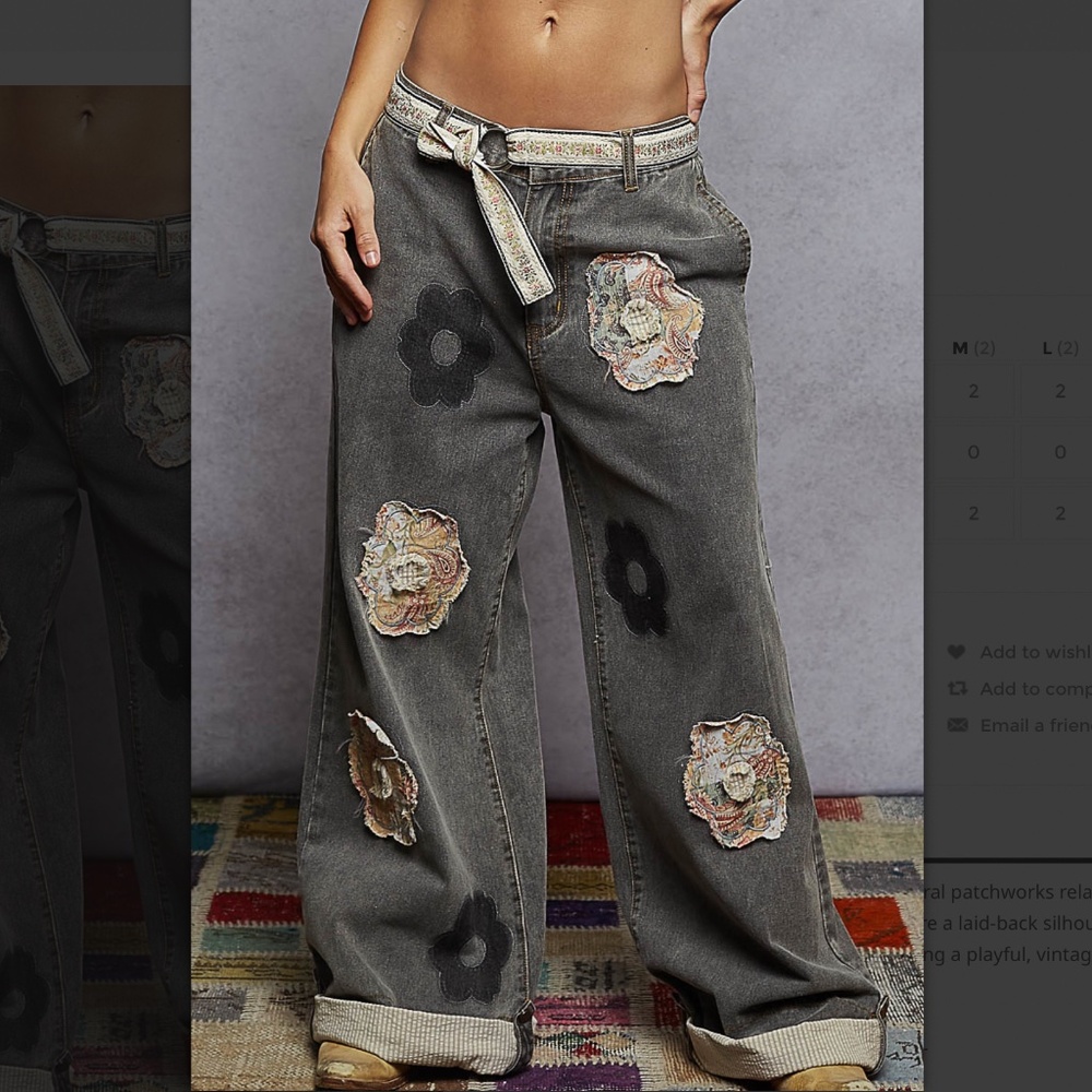 POL Women's Straight Leg Jeans in Washed Gray with Floral Patches